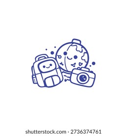 A blue doodle illustration features a happy backpack, camera, and world globe with cute smiling faces.