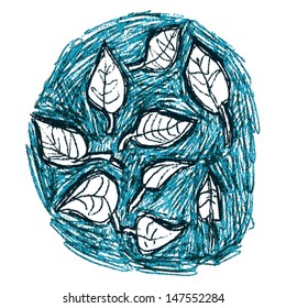 Blue doodle leaf circle, textured leaves on the wind sketch style background.