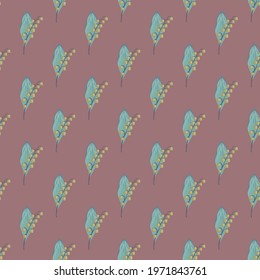 Blue doodle lily of the valley print seamless botanic pattern. Pale pink background. Nature backdrop. Graphic design for wrapping paper and fabric textures. Vector Illustration.
