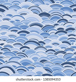 Blue Doodle Seamless Pattern with Waves. Sea Hand Drawn Colorful Abstract Background. Ocean Texture. Vector Illustration