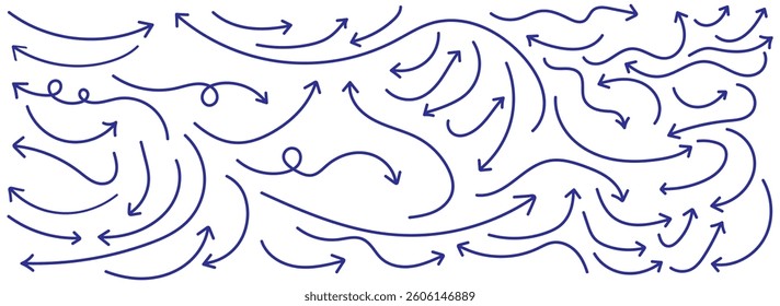 Blue doodle set on white background. Arrows with grunge lines. Hand drawn set of doodle arrow icons. Collection doodle marker thick arrows in different directions. Blue hand drawn brush arrow set.