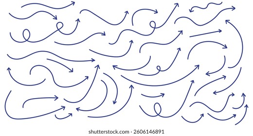 Blue doodle set on white background. Arrows with grunge lines. Hand drawn set of doodle arrow icons. Collection doodle marker thick arrows in different directions. Blue hand drawn brush arrow set.