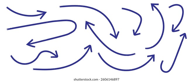 Blue doodle set on white background. Arrows with grunge lines. Hand drawn set of doodle arrow icons. Collection doodle marker thick arrows in different directions. Blue hand drawn brush arrow set.