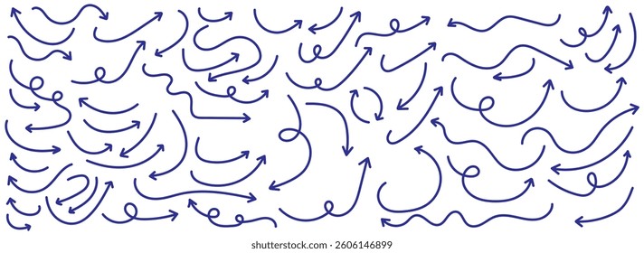 Blue doodle set on white background. Arrows with grunge lines. Hand drawn set of doodle arrow icons. Collection doodle marker thick arrows in different directions. Blue hand drawn brush arrow set.