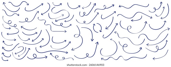 Blue doodle set on white background. Arrows with grunge lines. Hand drawn set of doodle arrow icons. Collection doodle marker thick arrows in different directions. Blue hand drawn brush arrow set.