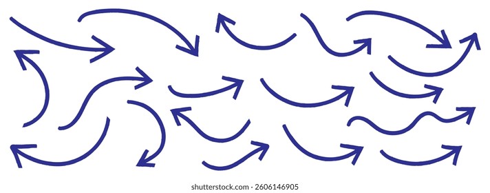 Blue doodle set on white background. Arrows with grunge lines. Hand drawn set of doodle arrow icons. Collection doodle marker thick arrows in different directions. Blue hand drawn brush arrow set.