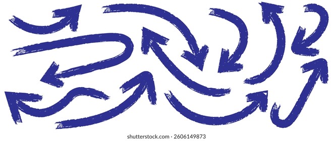 Blue doodle set on white background. Hand drawn set of doodle arrow icons. doodle marker thick arrows in different directions. Blue hand drawn brush arrow set. Grunge curved arrows set. Hand drawn 