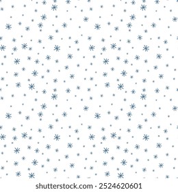 Blue Doodle Snowflakes seamless pattern. Christmas Snowfall Simple background. Winter snowy Holiday Xmas Texture. Hand drawn illustration for seasonal Design. Vector illustration