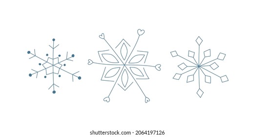 Se preparan copos de nieve con doodle azul. Diseño del logotipo de iconos. Símbolo de invierno de cristal de hielo. Plantilla para diseño invernal. Ilustración vectorial aislada 
