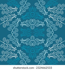 blue doodle spiral leaf plants seamless pattern on deep blue background, vector abstract.