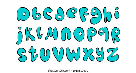 Blue Doodle style freehand font. Alphabet with rounded blown letters. Good for postcards, posters, menu designs or children's books. Vector illustration.