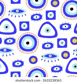 Blue doodle turkish evil eye seamless pattern. Greek magic astrology design. Vector background