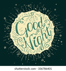 Blue doodle typography poster with moon and stars. Cartoon cute card with lettering - Good night. Hand drawn romantic vector illustration isolated on white.