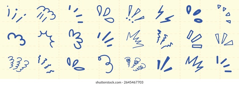 Blue doodles on a beige background. Doodles include exclamation marks, clouds, and zigzags. Fun doodles for creative projects. Doodles in blue for design. Colorful doodle elements, vector set.