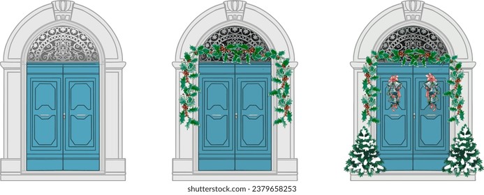 blue door with Christmas decorations, massive decorated doors, blue door, blue door, very decorated, blue door, neoclassicism, symmetrical doorway, perception doors, vector, flat pattern