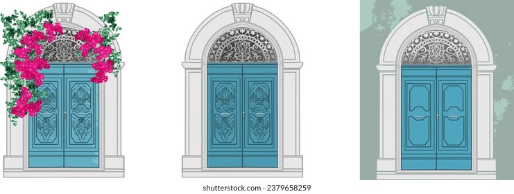 blue door with Christmas decorations, massive decorated doors, blue door, blue door, very decorated, blue door, neoclassicism, symmetrical doorway, perception doors, vector, flat pattern