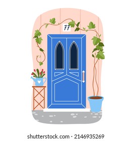 Blue door to house with ivy plant in pot and lancet windows vector illustration. Cartoon front view from town street of elegant building facade decorated with flowers isolated on white. Home concept