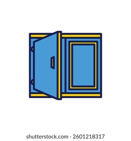 A blue door slightly opens revealing a window closed, against a white backdrop, perfect for architectural designs or educational material.
