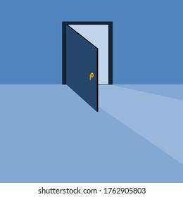 La puerta azul que se abre desde el interior de la habitación azul claro