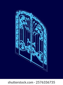 Blue door with a trim. The gate is ornate and has a sense of grandeur