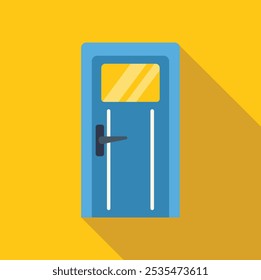 Blue door with a window is casting a long shadow on a yellow wall