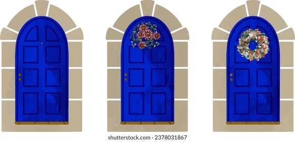 Blue door with a wreath on it, flickr, folk art, blue door, arched doorway, doorway, vector, flat pattern