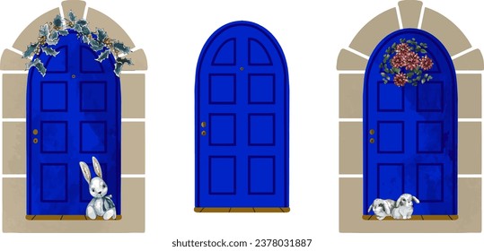 Blue door with a wreath on it, flickr, folk art, blue door, arched doorway, doorway, vector, flat pattern