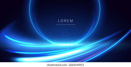 Círculo brillante de punto azul con efecto de iluminación y brillo sobre fondo azul oscuro. Concepto futurista de la Tecnología. Ilustración vectorial