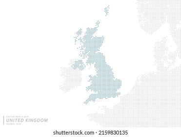 A blue dot map centered on the United Kingdom. 