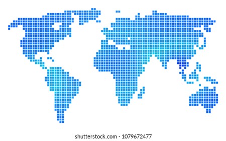 Blue Dot World Map. Vector geographic map in cold blue color variations. Vector collage of World Map designed of regular square pixels.