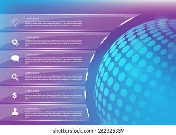 Blue Dot-matrix World Globe With Business Icon and Text Information on Glass Text Box, Abstract  Blue-Violet Background Design. Financial and Business Infographic. Vector Illustration