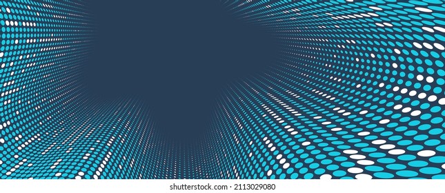 Blue dots in 3D perspective vector abstract background, multimedia internet information theme, wave stream of science technology or business blank template for ads.