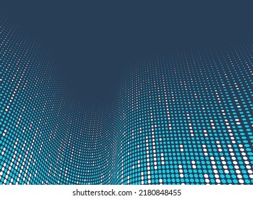 Blue dots in 3D perspective vector abstract background, multimedia internet information theme, wave stream of science technology or business blank template for ads.