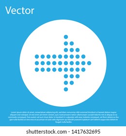 Blue Dots arrow icon isolated on blue background. Halftone arrow. Dotted arrow sign. White circle button. Vector Illustration