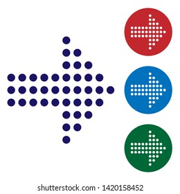 Blue Dots arrow icon isolated on white background. Halftone arrow. Dotted arrow sign. Set color icon in circle buttons. Vector Illustration