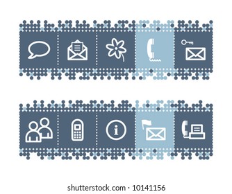 Blue dots bar with communication icons. Vector file has layers, all icons in two versions are included.