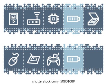 Blue dots bar with electronics web icons set 2