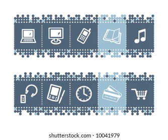 Blue dots bar with e-shop icons. Vector file has layers, all icons in two versions are included.