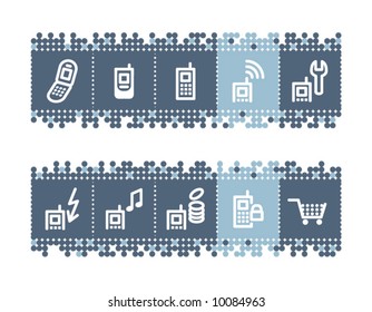 Blue dots bar with mobile phone service icons. Vector file has layers, all icons in two versions are included.