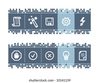 Blue dots bar with script icons. Vector file has layers, all icons in two versions are included.
