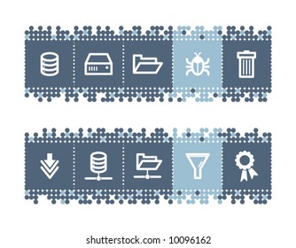 Barra de puntos azules con iconos de servidor. El archivo vector tiene capas, se incluyen todos los iconos de dos versiones.