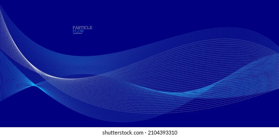 Blue dots in motion dark vector abstract background, particles array wavy flow, curve lines of points in movement, technology and science illustration.