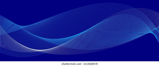 Blue dots in motion dark vector abstract background, particles array wavy flow, curve lines of points in movement, technology and science illustration.