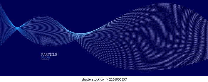 Blue dots in motion dark vector abstract background, particles array wavy flow, curve lines of points in movement, technology and science illustration.