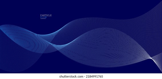 Blue dots in motion dark vector abstract background, particles array wavy flow, curve lines of points in movement, technology and science illustration.