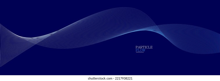 Blue dots in motion dark vector abstract background, particles array wavy flow, curve lines of points in movement, technology and science illustration.