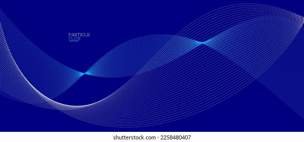 Blue dots in motion dark vector abstract background, particles array wavy flow, curve lines of points in movement, technology and science illustration.