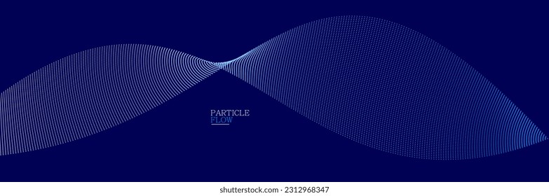 Puntos azules en movimiento de fondo abstracto vector oscuro, flujo ondulado de matriz de partículas, líneas de curva de puntos en movimiento, tecnología e ilustración científica.