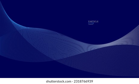 Blue dots in motion dark vector abstract background, particles array wavy flow, curve lines of points in movement, technology and science illustration.