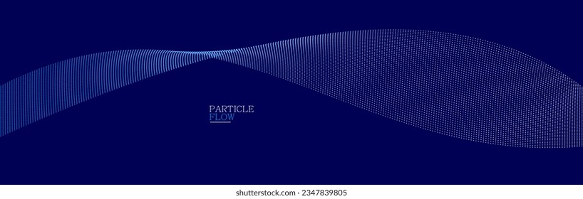 Blue dots in motion dark vector abstract background, particles array wavy flow, curve lines of points in movement, technology and science illustration.